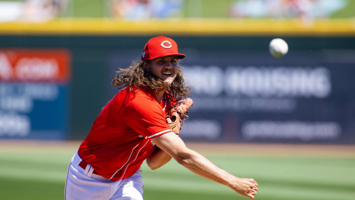 Mar 20, 2024; Goodyear, Arizona, USA; Cincinnati Reds pitcher Rhett Lowder against the Texas Rangers during a spring training baseball game at Goodyear Ballpark. Mandatory Credit: Mark J. Rebilas-USA TODAY Sports