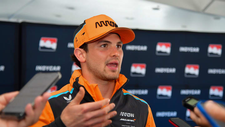 Jun 21, 2024; Salinas, California, USA; Arrow McLaren SP driver Pato O'Ward (5) of Mexico during media availabilities at the Grand Prix Of Monterey at WeatherTech Raceway Laguna Seca. Mandatory Credit: Gary A. Vasquez-USA TODAY Sports