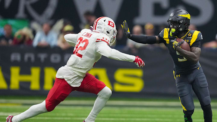 Mar 31, 2024; San Antonio, TX, USA;  San Antonio Brahmas wide receiver Marquez Stevenson (5) faces off against DC Defenders cornerback Isaiah Johnson (32) in the second half at The Alamodome. Mandatory Credit: Daniel Dunn-Imagn Images