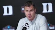 Apr 3, 2025; San Antonio, TX, USA; Duke head coach Jon Scheyer talks to the media at the Alamodome. Mandatory Credit: Robert Deutsch-Imagn Images