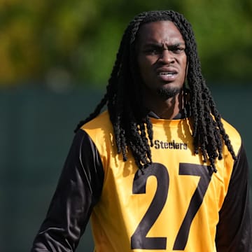 Sep 26, 2025; Maynooth, Ireland; Pittsburgh Steelers cornerback Cory Trice Jr. (27) during practice at Carton House. Mandatory Credit: Kirby Lee-Imagn Images