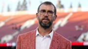 Sep 13, 2025; Stanford, California, USA; Stanford Cardinal general manager Andrew Luck stands on the field before the game against the Boston College Eagles at Stanford Stadium. Mandatory Credit: Darren Yamashita-Imagn Images