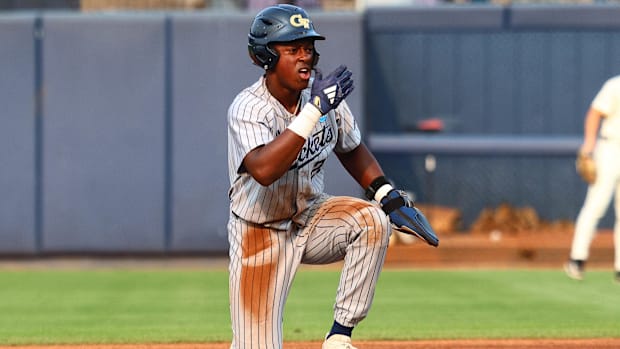 May 31, 2025; Oxford, MS, USA; Georgia Tech Yellowjackets catcher Vahn Lackey (25) reacts after stealing second base.