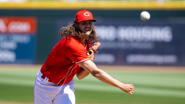 Mar 20, 2024; Goodyear, Arizona, USA; Cincinnati Reds pitcher Rhett Lowder against the Texas Rangers during a spring training baseball game at Goodyear Ballpark.