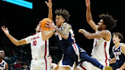 Nov 24, 2025; Las Vegas, Nevada, USA; Gonzaga Bulldogs guard Jalen Warley (8) grabs a rebound against Alabama Crimson Tide forward Amari Allen (5) and forward Keitenn Bristow (10) during the first half in a 2025 Players Era Festival group play game at MGM Grand Garden Arena. 