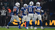 Nov 9, 2025; Berlin, Germany; Indianapolis Colts running back Jonathan Taylor (28) reacts with teammates against the Atlanta Falcons during the NFL Berlin Game at Olympic Stadium. Mandatory Credit: Kirby Lee-Imagn Images