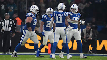 Nov 9, 2025; Berlin, Germany; Indianapolis Colts running back Jonathan Taylor (28) reacts with teammates against the Atlanta Falcons during the NFL Berlin Game at Olympic Stadium. Mandatory Credit: Kirby Lee-Imagn Images
