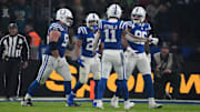 Nov 9, 2025; Berlin, Germany; Indianapolis Colts running back Jonathan Taylor (28) reacts with teammates against the Atlanta Falcons during the NFL Berlin Game at Olympic Stadium. 