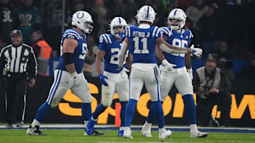 Nov 9, 2025; Berlin, Germany; Indianapolis Colts running back Jonathan Taylor (28) reacts with teammates against the Atlanta Falcons during the NFL Berlin Game at Olympic Stadium. 