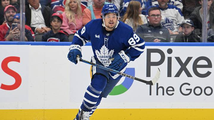 Sep 26, 2024; Toronto, Ontario, CAN;  Toronto Maple Leafs forward Nick Robertson (89) pursues the play against the Montreal Canadiens in the third period at Scotiabank Arena. Mandatory Credit: Dan Hamilton-Imagn Images