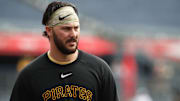 Pittsburgh Pirates starting pitcher Paul Skenes looks on before pitching against the Cleveland Guardians.