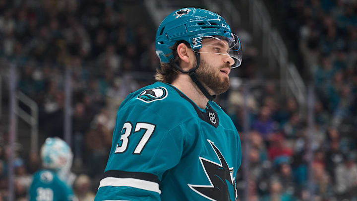 Jan 11, 2026; San Jose, California, USA; San Jose Sharks defenseman Timothy Liljegren (37) reacts after being called for a penalty against the Vegas Golden Knights during the first period at SAP Center at San Jose. Mandatory Credit: Robert Edwards-Imagn Images