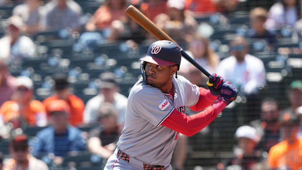 Washington Nationals left fielder James Wood (29) bats against the San Francisco Giants.