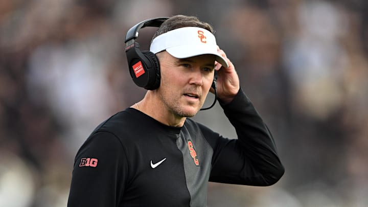 Sep 13, 2025; West Lafayette, Indiana, USA; Southern California Trojans head coach Lincoln Riley stands on the sidelines during the first quarter against the Purdue Boilermakers at Ross-Ade Stadium. Mandatory Credit: Marc Lebryk-Imagn Images