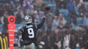 Nov 30, 2025; Charlotte, North Carolina, USA; Carolina Panthers quarterback Bryce Young (9) throws a pass during the third quarter against the Los Angeles Rams at Bank of America Stadium. Mandatory Credit: Scott Kinser-Imagn Images