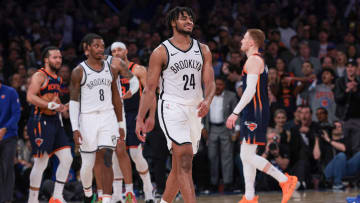 Apr 12, 2024; New York, New York, USA; Brooklyn Nets guard Cam Thomas (24) reacts after fouling New York Knicks guard Jalen Brunson (11) during the second half at Madison Square Garden. Mandatory Credit: Vincent Carchietta-USA TODAY Sports