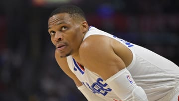 Apr 4, 2024; Los Angeles, California, USA;  Los Angeles Clippers guard Russell Westbrook (0) looks on in the first half against the Denver Nuggets at Crypto.com Arena. 