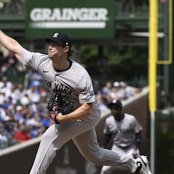 New York Yankees pitcher Gerrit Cole (45) delivers against the Chicago Cubs during the first inning at Wrigley Field on Sept 8.