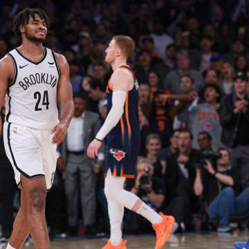 Apr 12, 2024; New York, New York, USA; Brooklyn Nets guard Cam Thomas (24) reacts after fouling New