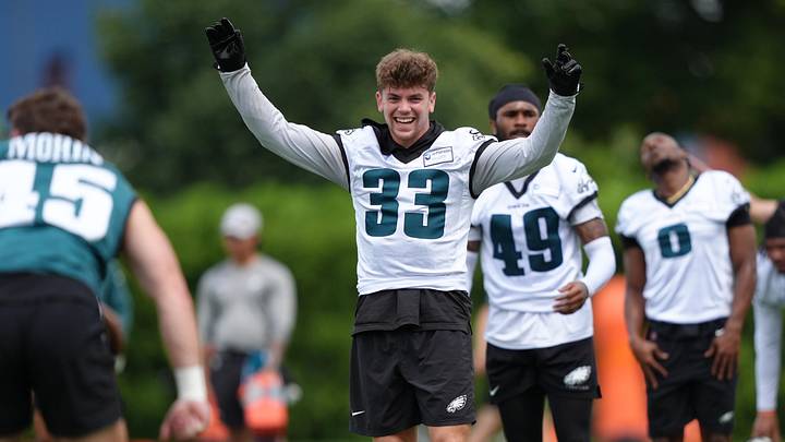 Jun 10, 2025; Philadelphia, PA, USA; Philadelphia Eagles defensive back Cooper DeJean (33) reacts during warmups before a practice drill at NovaCare Complex. Mandatory Credit: Kyle Ross-Imagn Images
