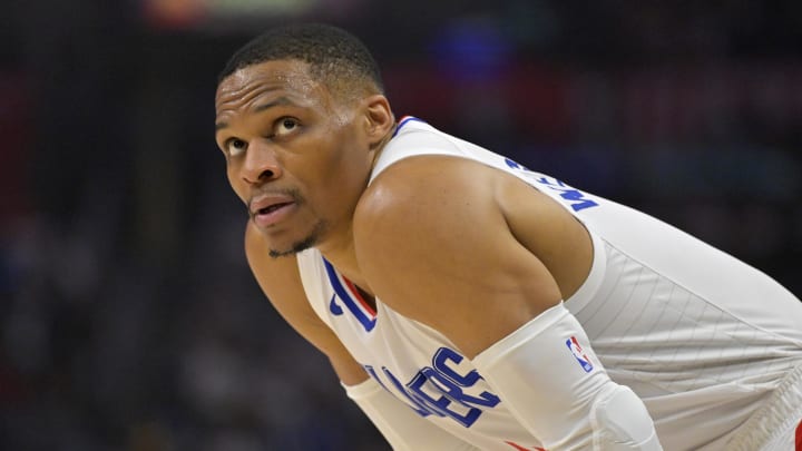 Apr 4, 2024; Los Angeles, California, USA;  Los Angeles Clippers guard Russell Westbrook (0) looks on in the first half against the Denver Nuggets at Crypto.com Arena. Mandatory Credit: Jayne Kamin-Oncea-USA TODAY Sports