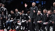 Dec 1, 2024; Brooklyn, New York, USA; Brooklyn Nets head coach Jordi Fernandez reacts during the first half against the Orlando Magic at Barclays Center. Mandatory Credit: John Jones-Imagn Images