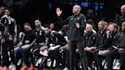 Dec 1, 2024; Brooklyn, New York, USA; Brooklyn Nets head coach Jordi Fernandez reacts during the first half against the Orlando Magic at Barclays Center. Mandatory Credit: John Jones-Imagn Images