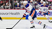 Feb 5, 2025; Chicago, Illinois, USA; Edmonton Oilers center Leon Draisaitl (29) skates with the puck against the Chicago Blackhawks during the first period at the United Center. Mandatory Credit: Daniel Bartel-Imagn Images