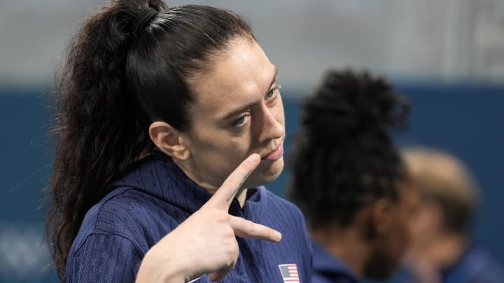 Aug 4, 2024; Villeneuve-d'Ascq, France; United States power forward Breanna Stewart (10) celebrates after defeating Germany in a women’s group C game during the Paris 2024 Olympic Summer Games at Stade Pierre-Mauroy. Mandatory Credit: John David Mercer-USA TODAY Sports