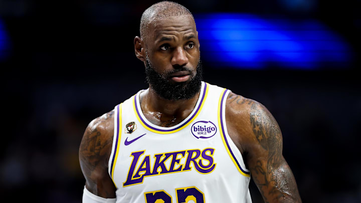Apr 5, 2026; Dallas, Texas, USA;  Los Angeles Lakers forward LeBron James (23) looks on during the game against the Dallas Mavericks at American Airlines Center. Mandatory Credit: Kevin Jairaj-Imagn Images