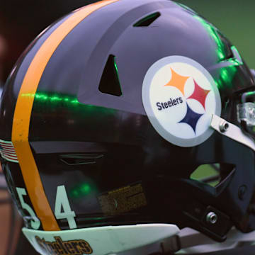 Dec 15, 2024; Philadelphia, Pennsylvania, USA; Pittsburgh Steelers helmet on the sidelines against the Philadelphia Eagles at Lincoln Financial Field. Mandatory Credit: Eric Hartline-Imagn Images