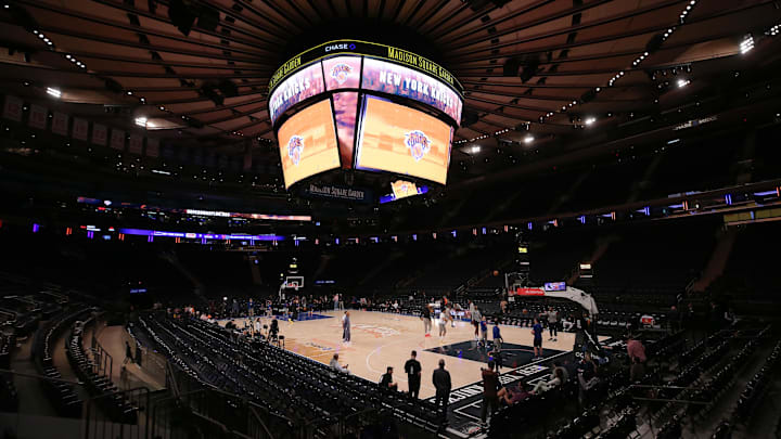 Apr 30, 2024; New York, New York, USA; General view of Madison Square Garden before game five of the first round of the 2024 NBA playoffs between the New York Knicks and the Philadelphia 76ers. Mandatory Credit: Brad Penner-Imagn Images