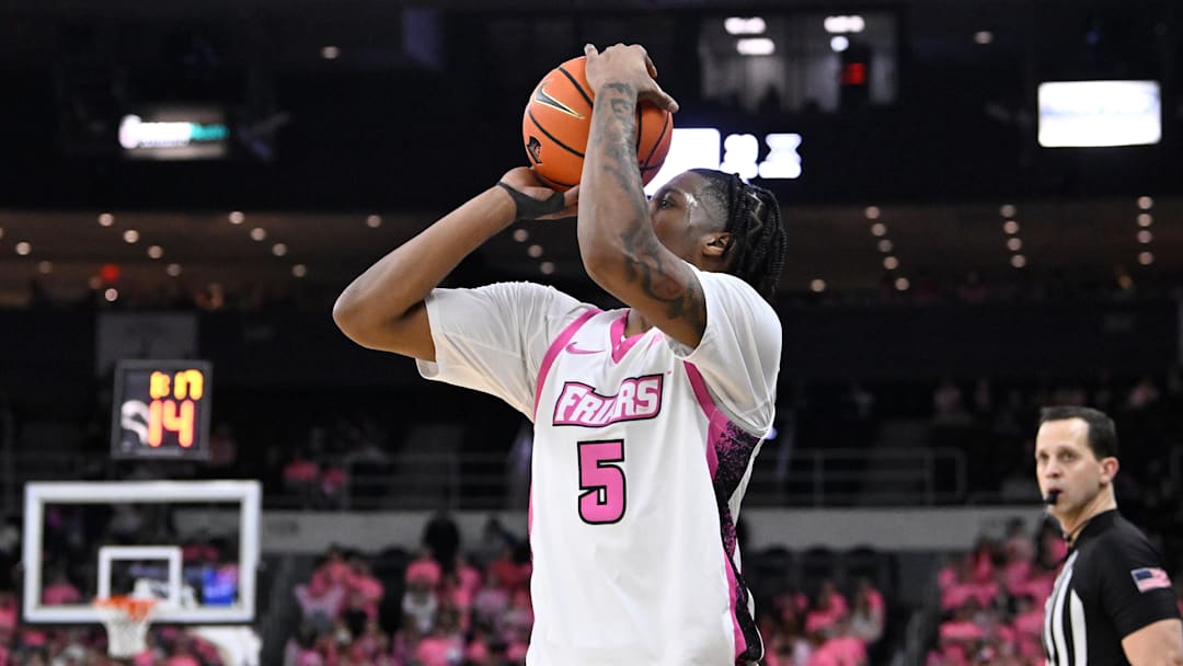 Feb 25, 2026; Providence, Rhode Island, USA; Providence Friars forward Jamier Jones (5) shoots the ball for three points against the Xavier Musketeers during the first half at Amica Mutual Pavilion. Mandatory Credit: Eric Canha-Imagn Images