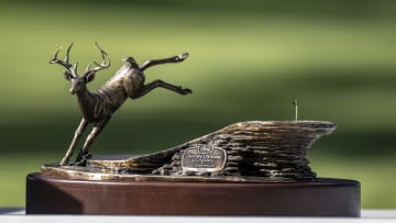 Jul 9, 2023; Silvis, Illinois, USA; The John Deere Classic Champions trophy seen on the victory stand after the John Deere Classic golf tournament. Mandatory Credit: Marc Lebryk-USA TODAY Sports