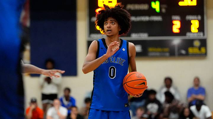 AB Elite Beckham Black (0) looks toward the scoreboard during the third day of the 2026 Nike EYBL Peach Jam at Riverview Park Activities Center in North Augusta, S.C., on Thursday, July 16, 2026. AB Elite defeated Brad Beal Elite 76-63.