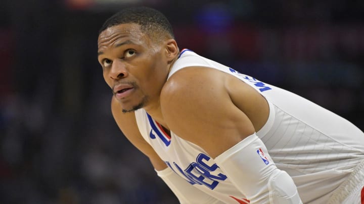 Clippers guard Russell Westbrook looks on in the first half against the Denver Nuggets at Crypto.com Arena.