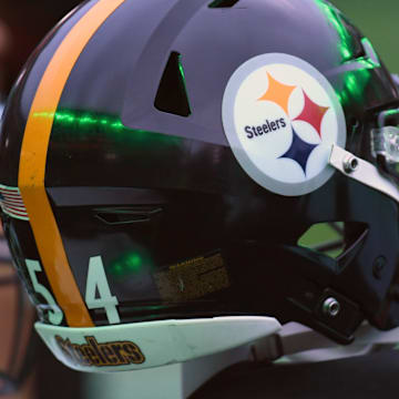 Dec 15, 2024; Philadelphia, Pennsylvania, USA; Pittsburgh Steelers helmet on the sidelines against the Philadelphia Eagles at Lincoln Financial Field. Mandatory Credit: Eric Hartline-Imagn Images