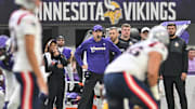 Aug 16, 2025; Minneapolis, Minnesota, USA; Minnesota Vikings head coach Kevin O'Connell looks on during the first quarter against the New England Patriots at U.S. Bank Stadium. Mandatory Credit: Jeffrey Becker-Imagn Images