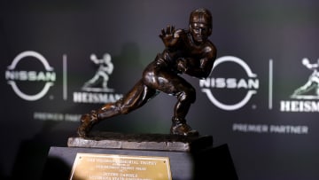 Dec 9, 2023; New York, New York, USA; Detail of LSU Tigers quarterback Jayden Daniels name on the Heisman trophy during a press conference in the Astor ballroom at the New York Marriott Marquis after winning the Heisman trophy. Mandatory Credit: Brad Penner-USA TODAY Sports