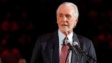 Mar 26, 2019; Miami, FL, USA; Miami Heat president Pat Riley speaks during the jersey retirement of former player Chris Bosh during halftime of the game between the Miami Heat and the Orlando Magic at American Airlines Arena. Mandatory Credit: Jasen Vinlove-Imagn Images