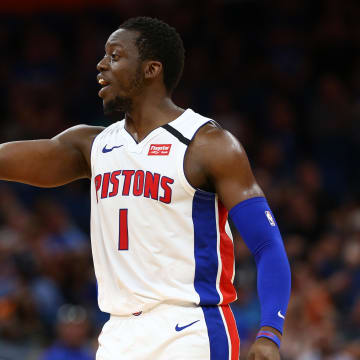 Feb 12, 2020; Orlando, Florida, USA; Detroit Pistons guard Reggie Jackson (1) reacts during the first half against the Orlando Magic at Amway Center. Mandatory Credit: Kim Klement-USA TODAY Sports