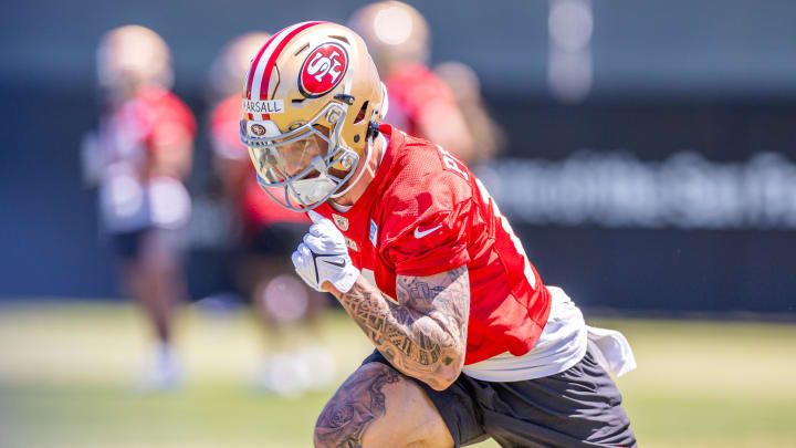 May 10, 2024; Santa Clara, CA, USA; San Francisco 49ers wide receiver Ricky Pearsall (14) runs drills during the 49ers rookie minicamp at Levi’s Stadium in Santa Clara, CA. Mandatory Credit: Robert Kupbens-USA TODAY Sports