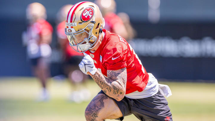 May 10, 2024; Santa Clara, CA, USA; San Francisco 49ers wide receiver Ricky Pearsall (14) runs drills during the 49ers rookie minicamp at Levi’s Stadium in Santa Clara, CA. Mandatory Credit: Robert Kupbens-USA TODAY Sports