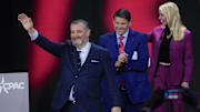 Senator Ted Cruz (R-TX), walking on stage U.S. Attorney General Pam Bondi, right, and Ben Ferguson, center, at the Conservative Political Action Conference (CPAC) at the Gaylord National Resort and Convention Center in National Harbor, Mdat the 2025 Conservative Political Action Conference (CPAC) event on February 20, 2025 at the Gaylord National Resort & Convention Center. 