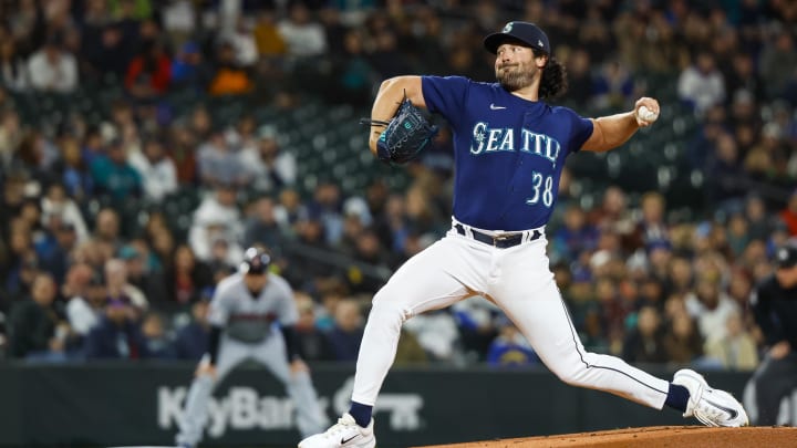 Then-Seattle Mariners starting pitcher Robbie Ray throws against the Cleveland Guardians on March 31, 2023, at T-Mobile Park.