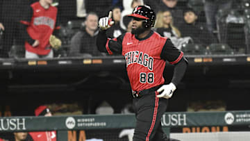 May 2, 2025; Chicago, Illinois, USA;  Chicago White Sox outfielder Luis Robert Jr. (88) points after hitting a home run against the Houston Astros during the fifth inning at Rate Field. Mandatory Credit: Matt Marton-Imagn Images