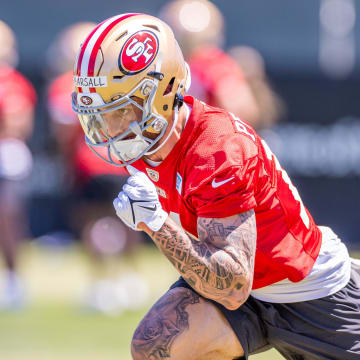 May 10, 2024; Santa Clara, CA, USA; San Francisco 49ers wide receiver Ricky Pearsall (14) runs drills during the 49ers rookie minicamp at Levi’s Stadium in Santa Clara, CA. Mandatory Credit: Robert Kupbens-USA TODAY Sports