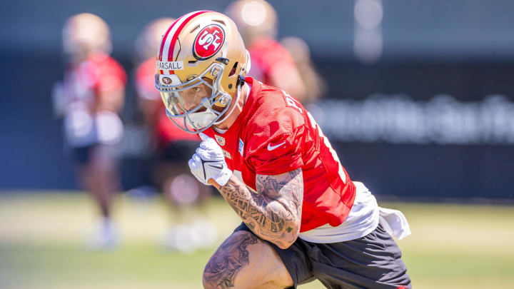 May 10, 2024; Santa Clara, CA, USA; San Francisco 49ers wide receiver Ricky Pearsall (14) runs drills during the 49ers rookie minicamp at Levi’s Stadium in Santa Clara, CA. Mandatory Credit: Robert Kupbens-USA TODAY Sports