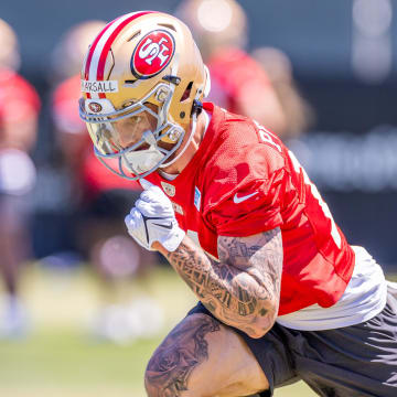 May 10, 2024; Santa Clara, CA, USA; San Francisco 49ers wide receiver Ricky Pearsall (14) runs drills during the 49ers rookie minicamp at Levi’s Stadium in Santa Clara, CA. Mandatory Credit: Robert Kupbens-USA TODAY Sports