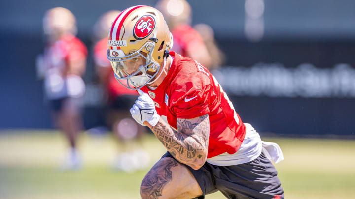 May 10, 2024; Santa Clara, CA, USA; San Francisco 49ers wide receiver Ricky Pearsall (14) runs drills during the 49ers rookie minicamp at Levi’s Stadium in Santa Clara, CA. Mandatory Credit: Robert Kupbens-USA TODAY Sports